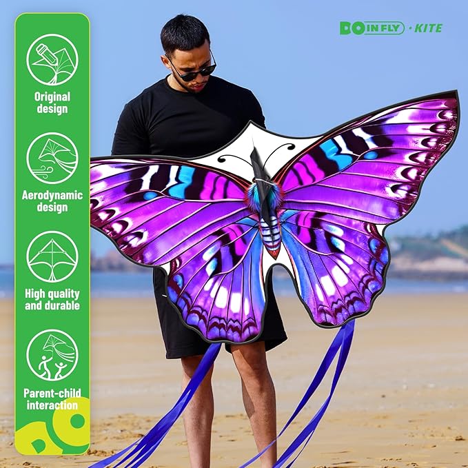 Butterfly Kites for Kids & Adults, 55" x 27" Easy to Fly for Beginners, Dreamy Purple Kite with 328 ft Line & Line Winder, for Beach Games & Backyard Flying, Outdoor Activities & Family Trip