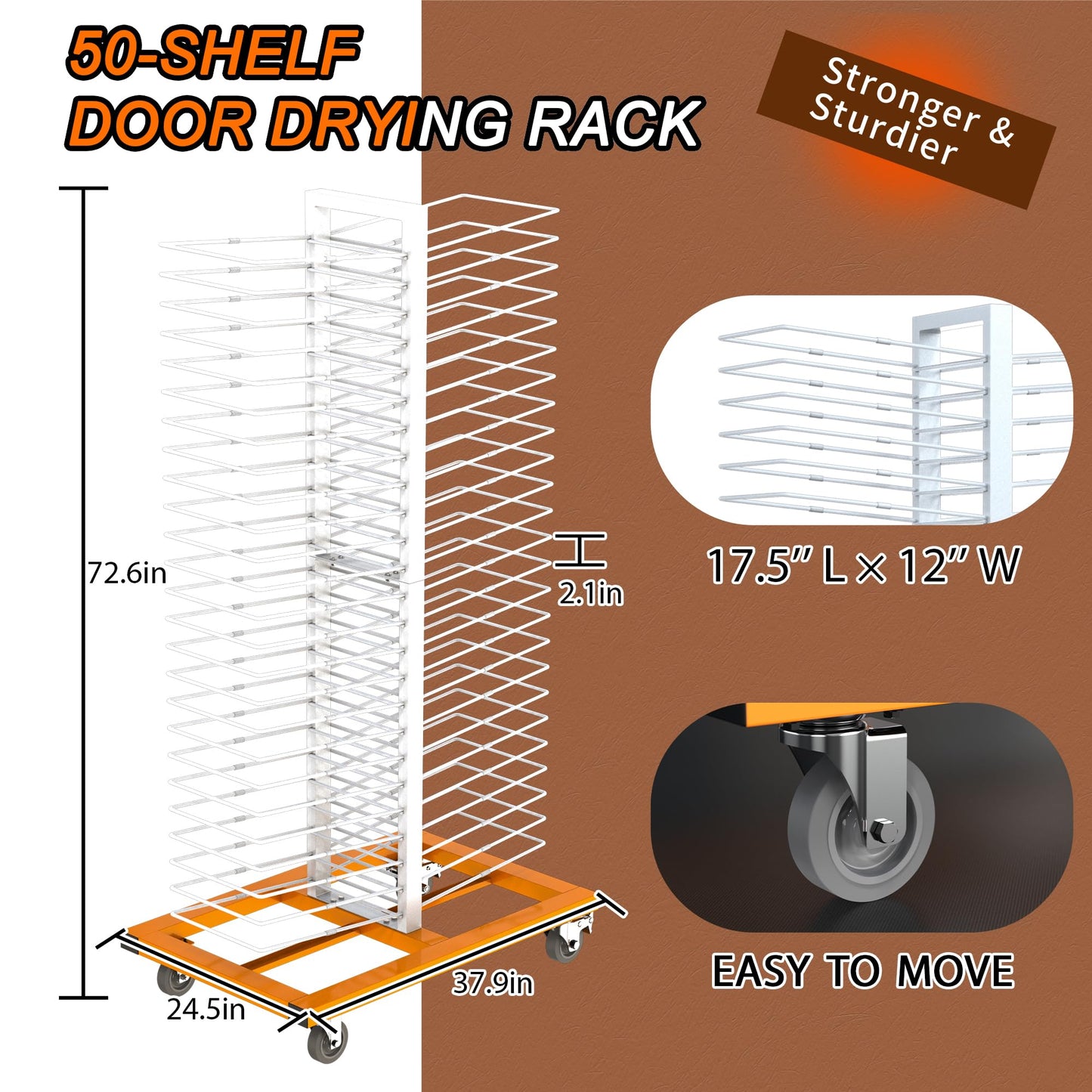 Tredre 50 Shelves Paint Drying Rack with 4 Casters for Cabinet & Full-Size Doors, Art Studio – Space-Saving, Movable, 2.1" Shelf Spacing & 25lbs Capacity per Shelf