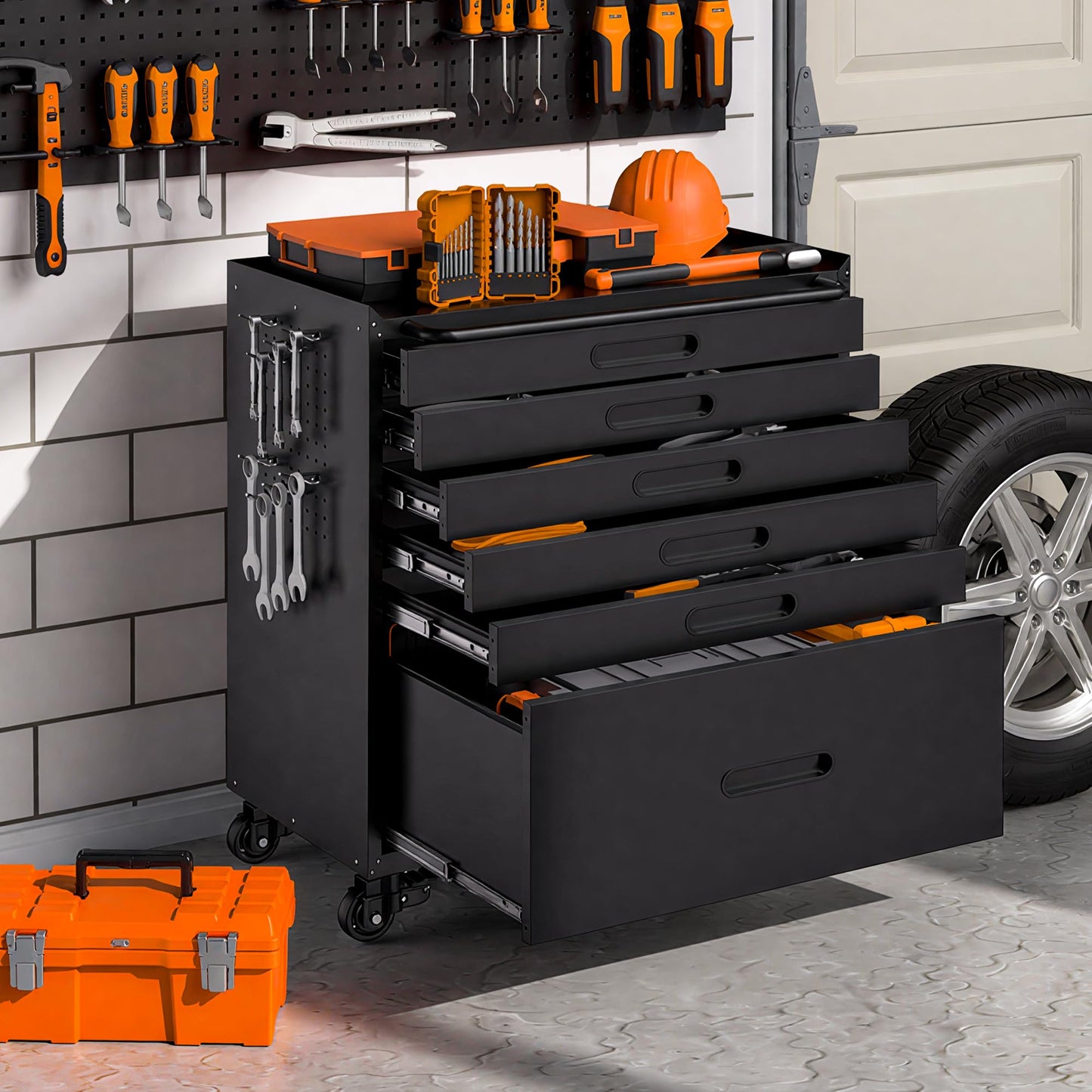 VIYET Garage Storage Cabinet,6 Drawer Metal Rolling Tool Cabinet with 2 Pegboard and 10 Hook,Heavy Duty Mechanics Tool Chest Storage for Workshop, Basement,Warehouse,Include Workbench Liner,Black