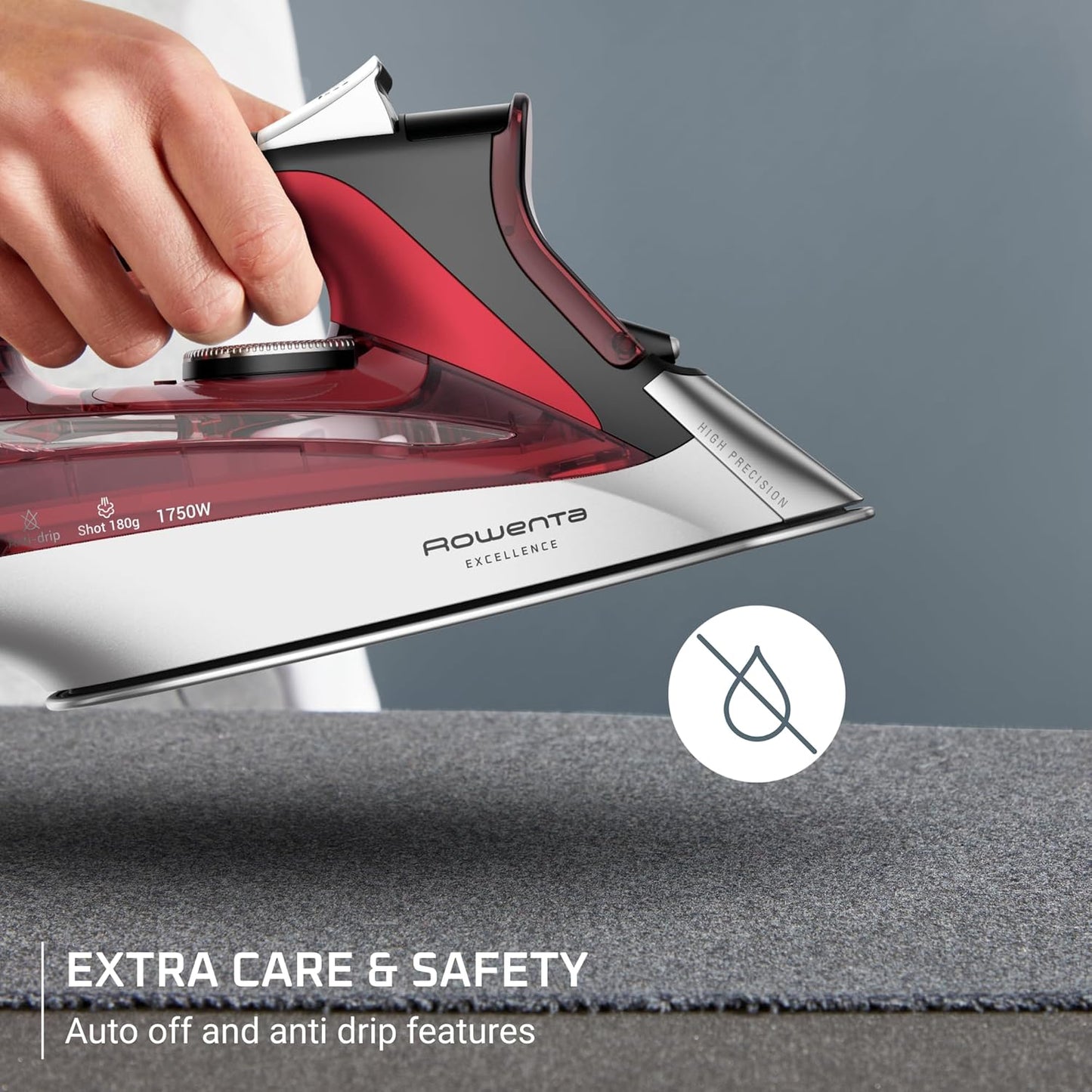 Rowenta Focus Excellence Steam Iron - 1750W Stainless Steel Soleplate, Retractable Cord, Red | 400+ Microsteam Holes