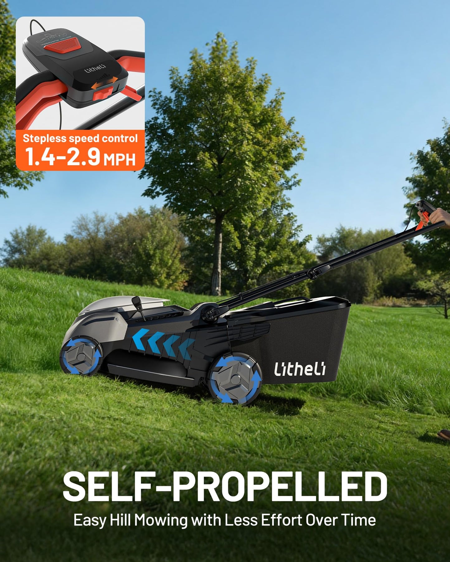 Electric Lawn Mower, Self-propelled Lawn Mower Cordless 40V(2 * 20V) 18.5" Brushless Mower with Electric Cutting Height Adjustment, Higher Rotation Speed, 4 x 4.0Ah Battery and Rapid Charge Included