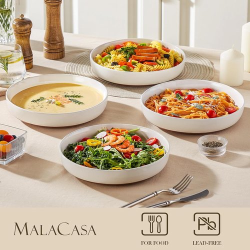 MALACASA 48 OZ Pasta Bowls Set of 4 - Large Ceramic Salad & Soup Bowls | Microwave & Dishwasher Safe, Khaki White