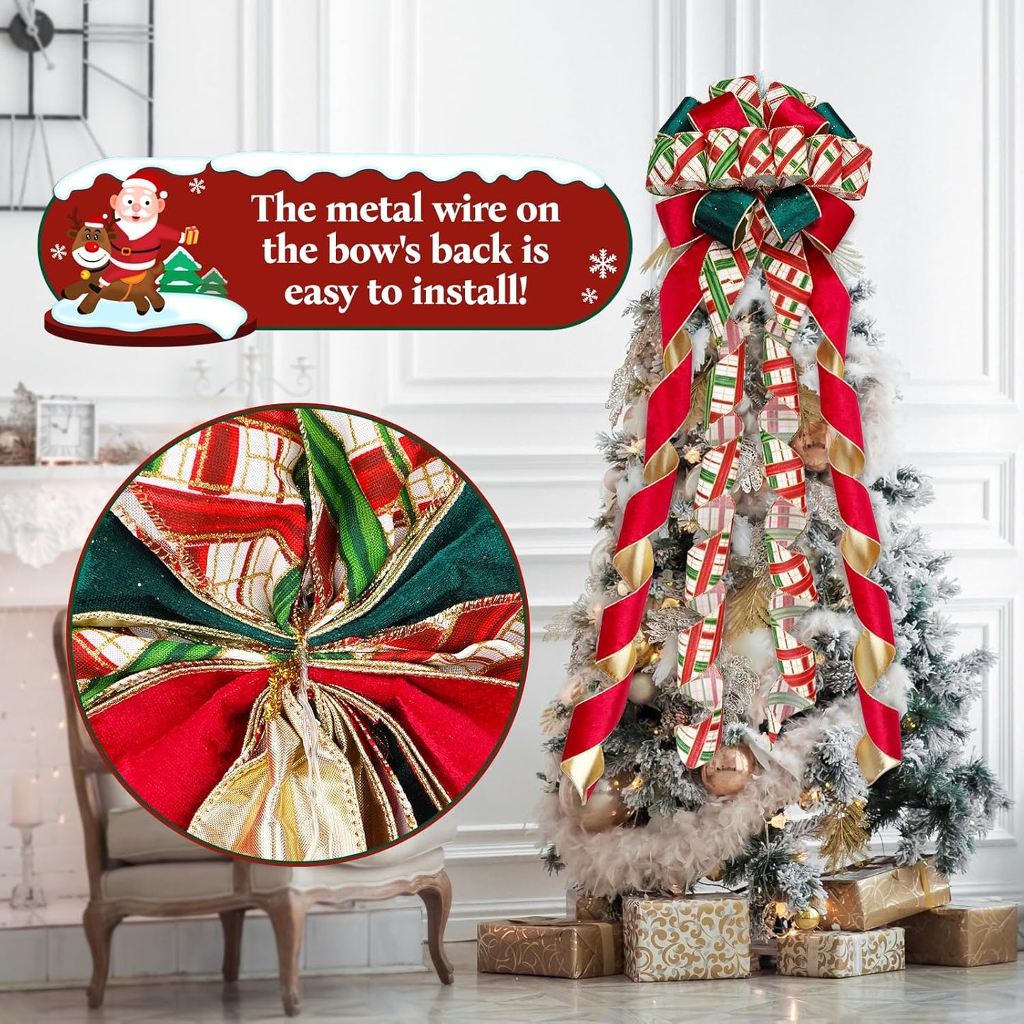 Skiennix Christmas Tree Topper Bow - 13" Large Velvet Red & Green Buffalo Plaid Decoration for Holiday & Festive Parties