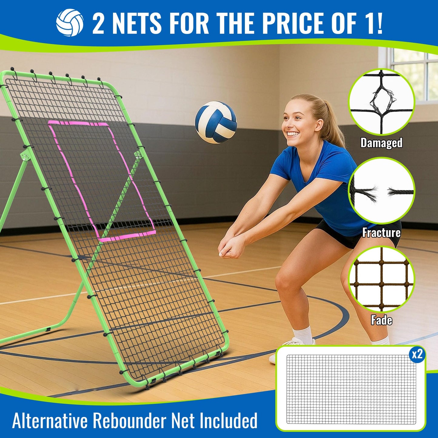 Oswerpon Volleyball Rebounder Net 7x4 FT, 5-Angle Adjustable Bounce Back Net, Steel Frame & PE Training Net for Volleying/Spiking, Rust-Resistant & Durable – w/Travel Bag, 2 NETS (Green & Pink)