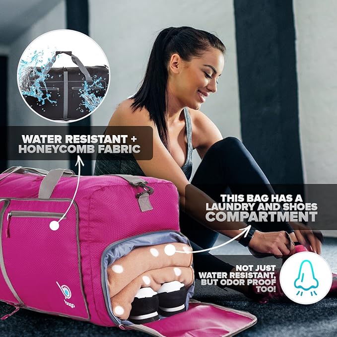 Bago Big XXL Foldable Duffel Bags for Traveling Women & Men - 140L Packable Duffle Bag for Travel with Shoe Compartment - Water Repellant, Heavy Duty, Lightweight Folding & Collapsible (Pink)