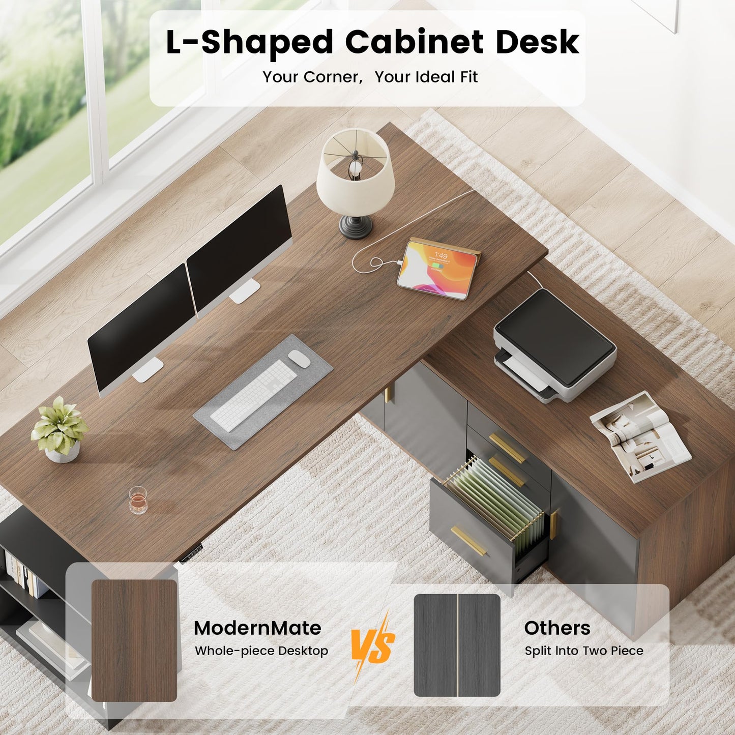 ModernMate L Shaped Electric Standing Desk with Drawers & File Cabinet, 67x60 Corner Executive Workstation, 59" One-Piece Desktop, Height Adjustable with Charging Station for Home Office, Black Walnut