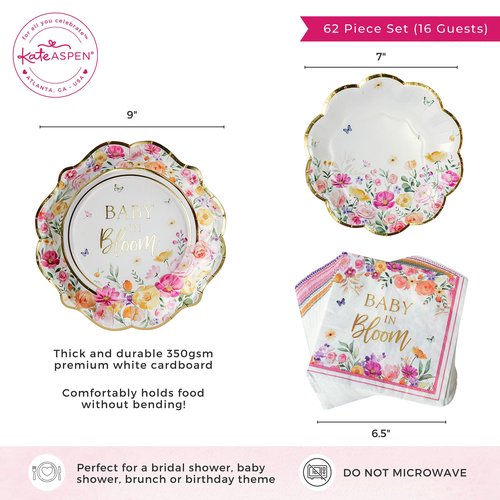 Kate Aspen Baby in Bloom 62 Piece Party Tableware Set Baby Shower Party Decorations Plates & Napkins, Vibrant Floral Botanical (16 Guests)- Perfect for Greenery Baby Shower