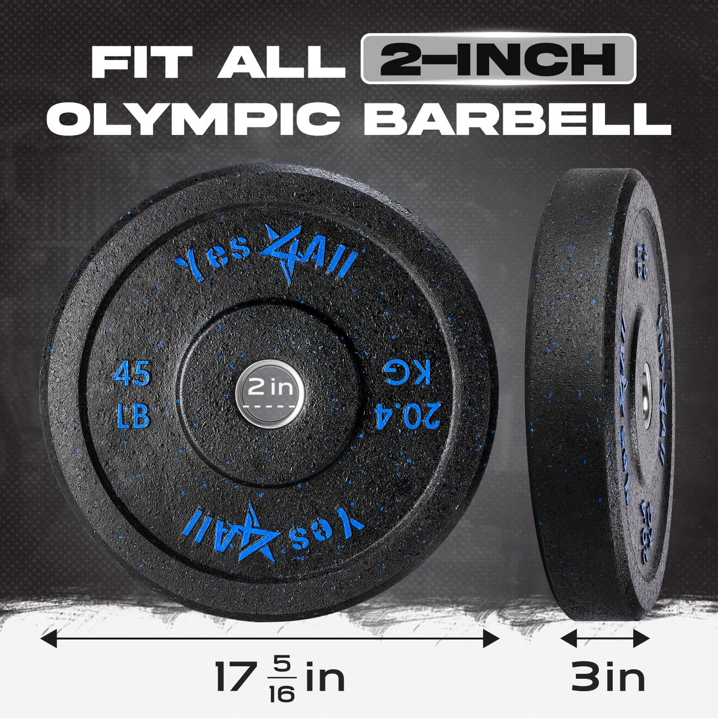 Yes4All 2" Bumper Plate, 10-190 LB Olympic Rubber Weight Plate with Steel Hub for WeightLifting, Strength Training, Home Gym, Less Impact, Absorb Bounce & Shock, Multiple Options, 45LB