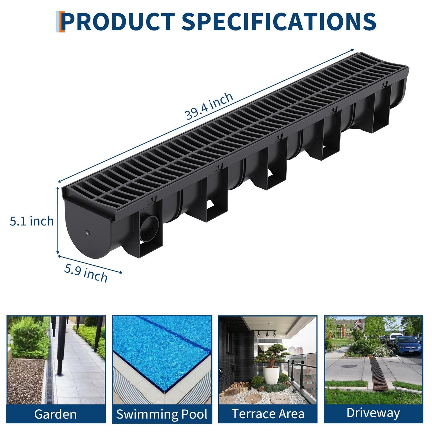 GarveeHome 5-Pack HDPE Trench Drain System, 5.9" w x 5.1" h Driveway Drainage Channel with Plastic Grates & End Caps, Heavy Duty for Patio, Garage, Yard & Pool Deck - Black 39.4" l