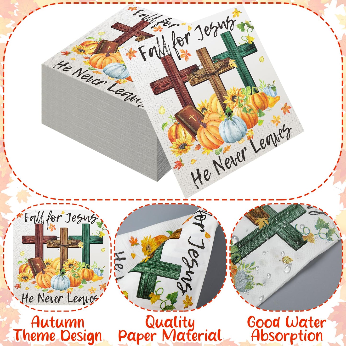 Janlaugh 60 Pcs Fall Paper Napkins Fall for Jesus He Never Leaves Napkin Disposable Autumn Pumpkin Cross Guest Napkins Religious Vintage Dinner Napkin for Autumn Thanksgiving Party Supplies