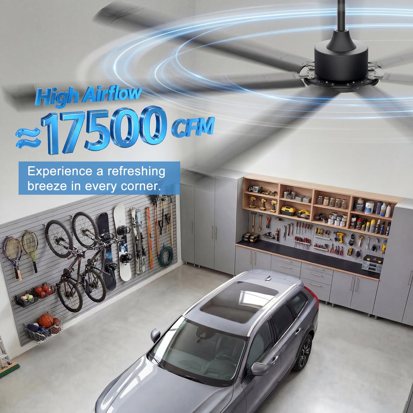 Ohniyou 96'' Ceiling Fan No Light, Black Industrial Ceiling Fan with Remote/APP, 7 Aluminum Blades, 17500 CFM DC Motor for Shop, Warehouse, Gym, Garage, Patios