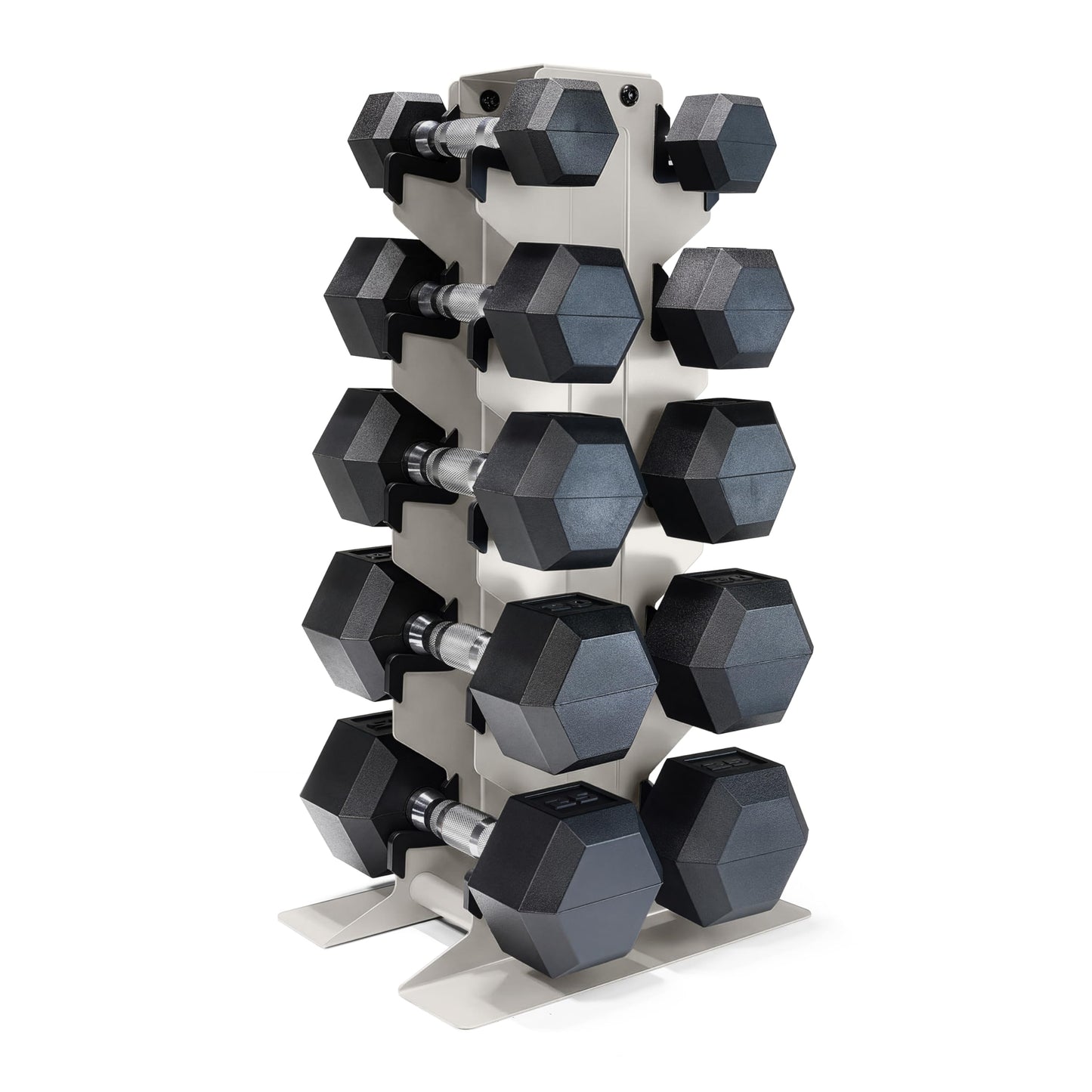 CAP 150 lb Dumbbell Set with Rack, Rubber Coated Hex Free Weight Set, Compact Vertical Storage, for Strength Training & Home Gym, Light Gray Rack