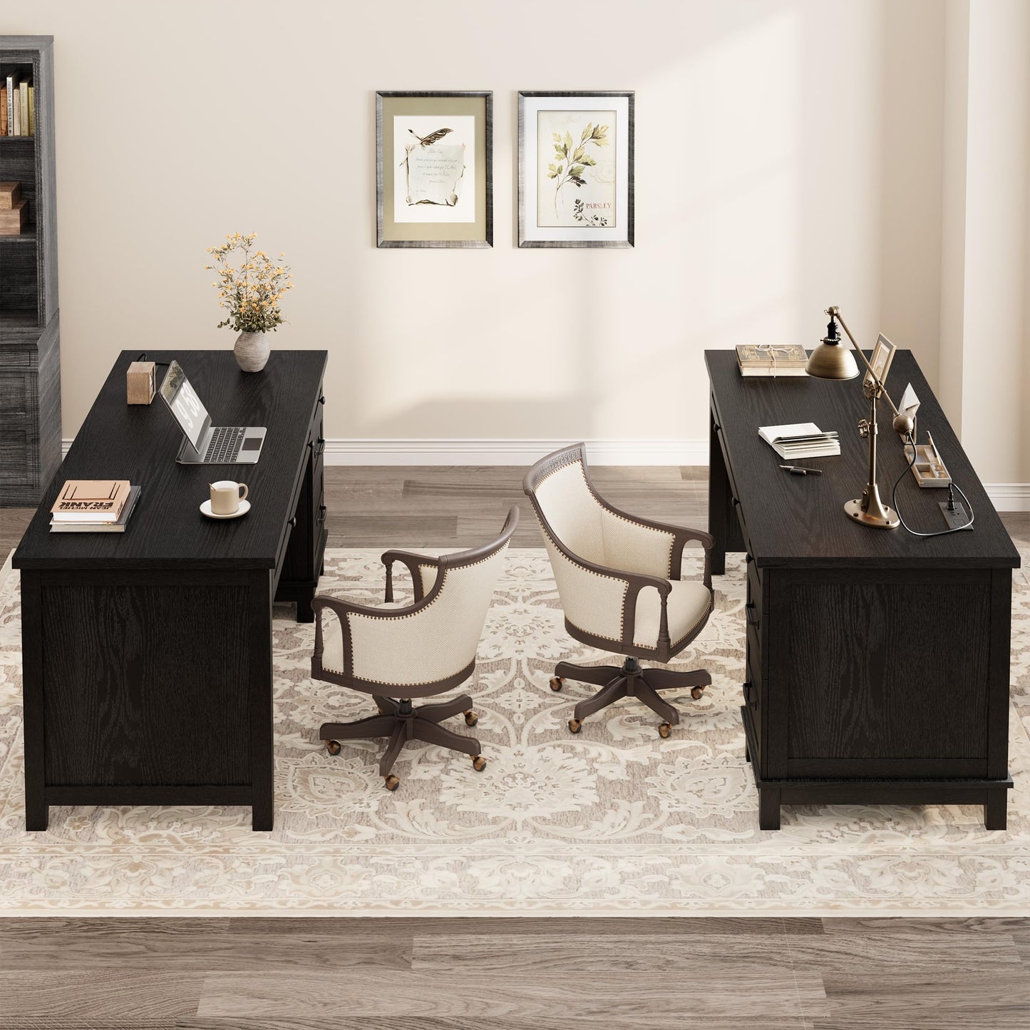 GarveeHome Farmhouse Executive Desk with Drawers, 53.54 in Home Office Desk with Charging Station, Wooden Computer Desk with File Cabinet Storage for Work Study Writing, Rustic Black