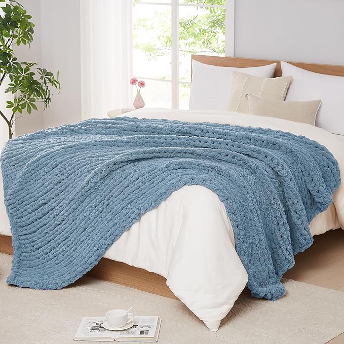 L'AGRATY Chunky Knit Blanket Throw: 60''x80'' Chenille Chunky Knitted Throw Blanket for Bed Couch - Handmade Thick Big Cable Knit Blanket - Large Crochet Rope Blankets for Home Decor(Airy Blue)