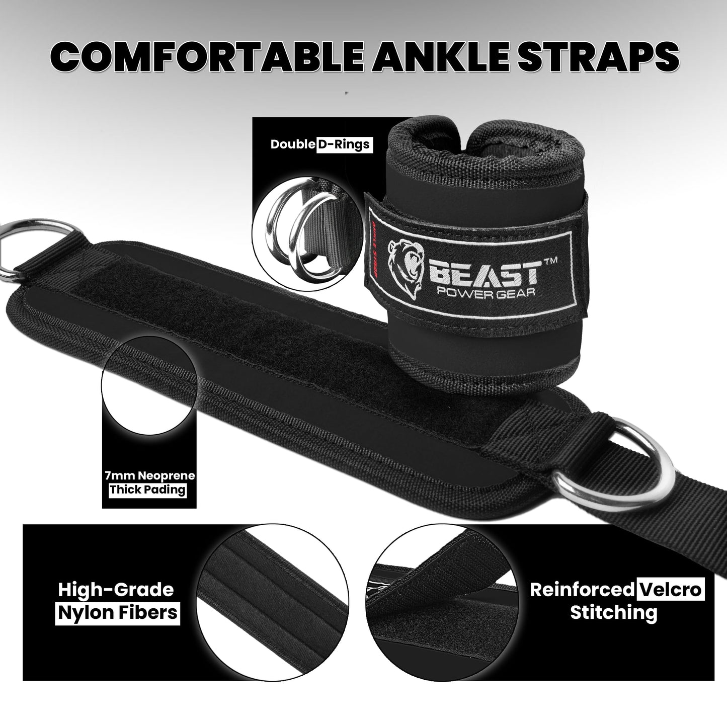 Beastpowergear Padded Ankle Strap for Cable Machine, Kickbacks, Glutes, Abs and Hip Workouts, Leg Extensions Adjustable Ankle Strap for Men Women (Black, Single)