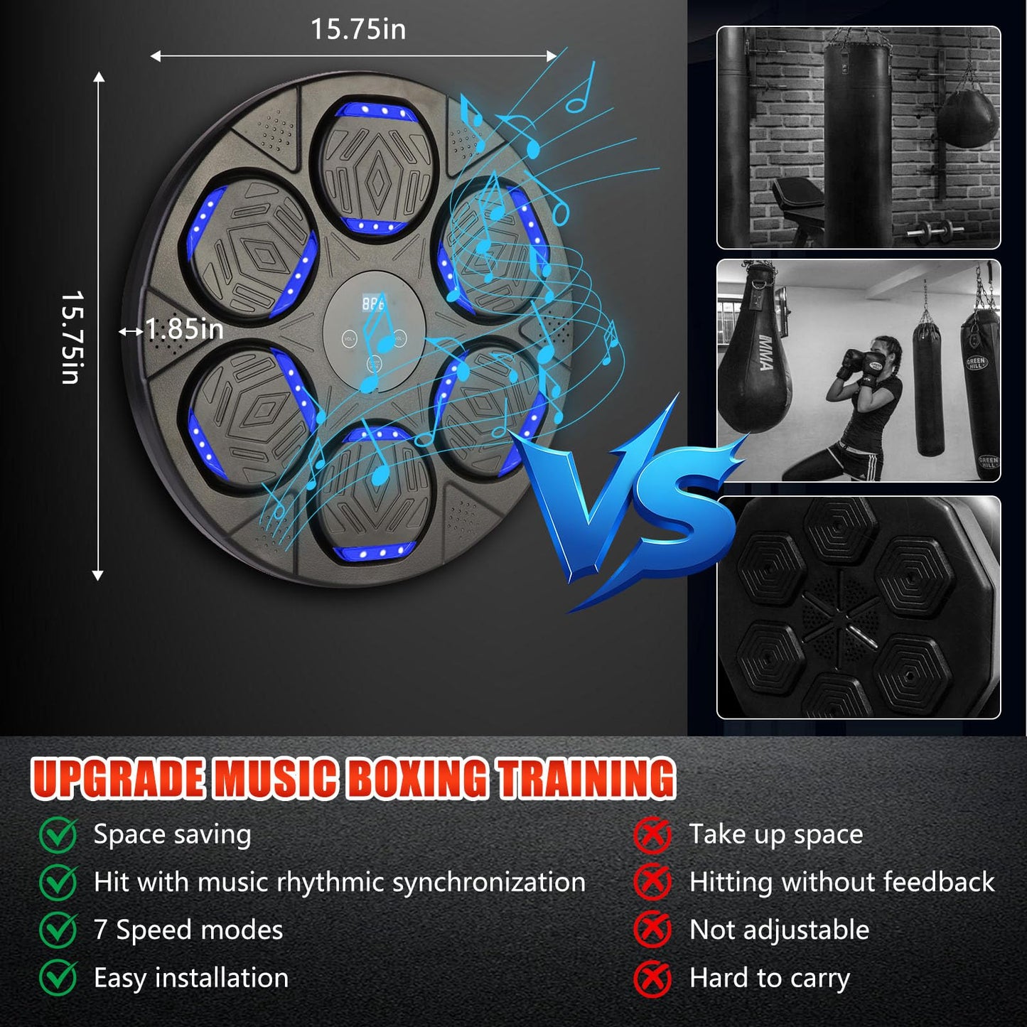 Stomonster Music Boxing Machine, Smart Bluetooth Boxing Equipmen with Gloves, Boxing Machine Wall Mounted Music for Kids Adult, Boxing Target Workout Equipment for Home, Office, Gym (Black)