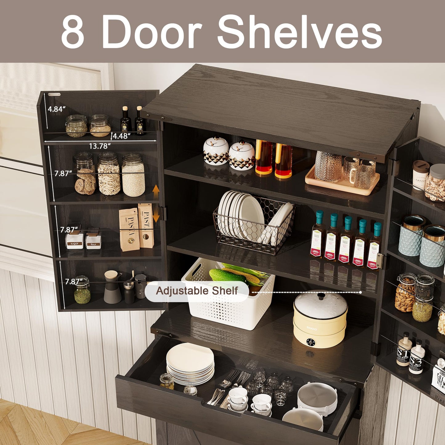 GRUSIGN 72" Kitchen Pantry Storage Cabinet with Doors and Shelves, Wood Farmhouse Pantry Storage with Barn Doors for Kitchen, Dining Room, Living Room, Dark Brown