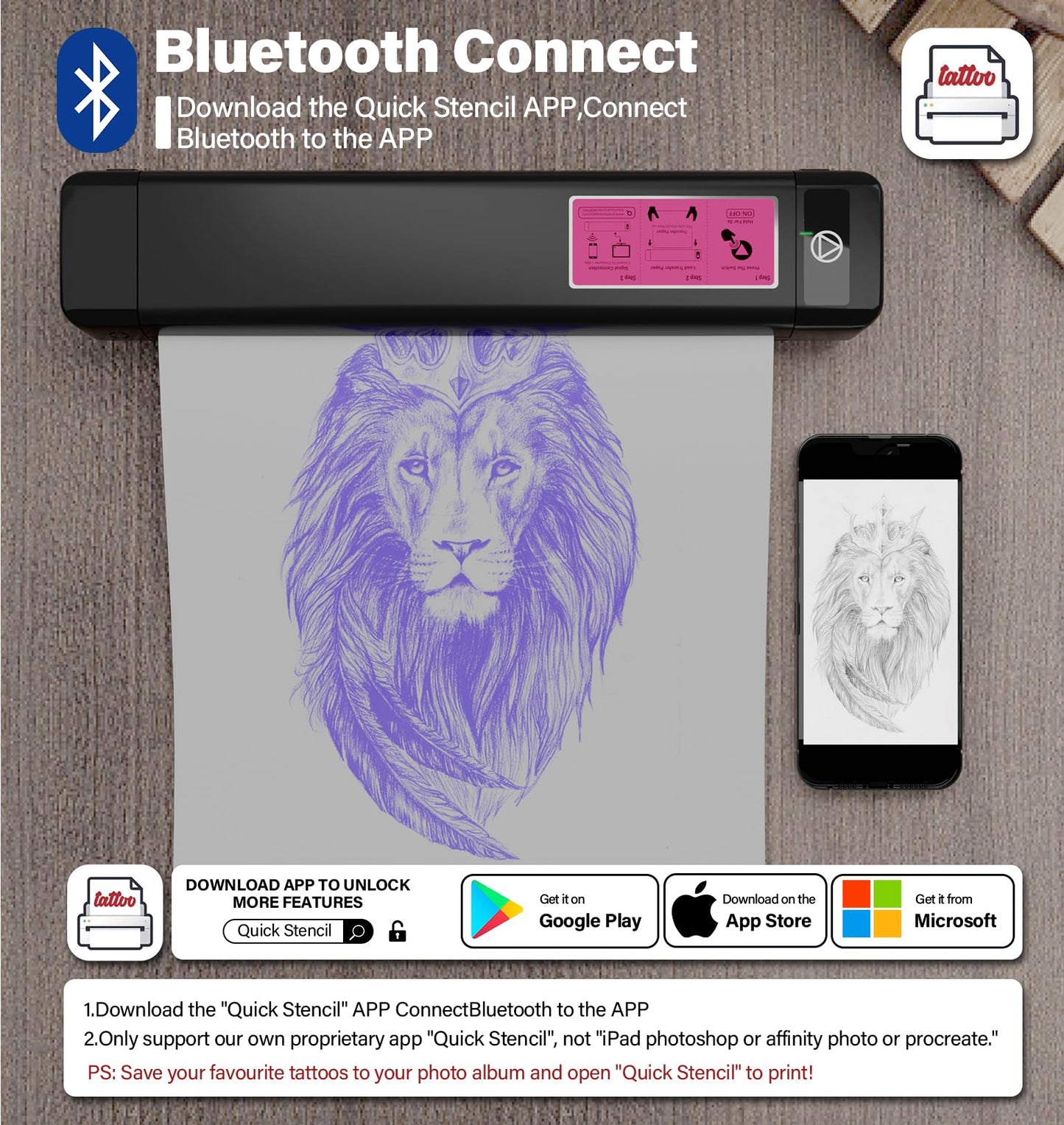 OZER M08Pro Wireless Tattoo Transfer Stencil Printer - Inkless Transfer Thermal Copier Machine Compact Printer, Quick Stencil Compatible with Smartphone & Laptop