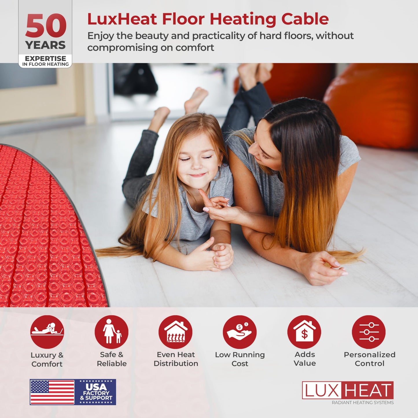 LuxHeat 25sqft Electric Radiant Floor Heating System - 120v Under Floor Heating System Includes UDG4 Programmable Thermostat w/GFCI, Heater Cable, Tile Uncoupling Membrane, Flooring Sensor & Alarm