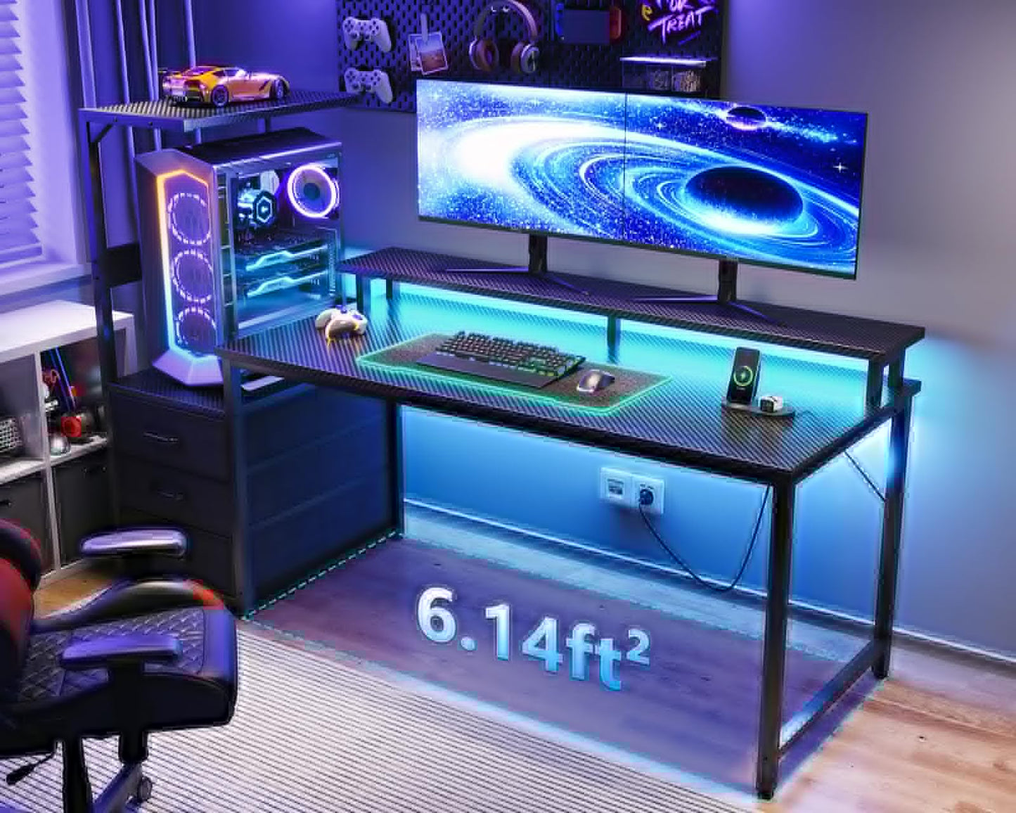 AODK 59 Inch Gaming Desk with LED Light- Reversible Computer Desk with Storage Shelves & Monitor Stand, Modern Gamer Desk Table with Fabric Drawers, Black