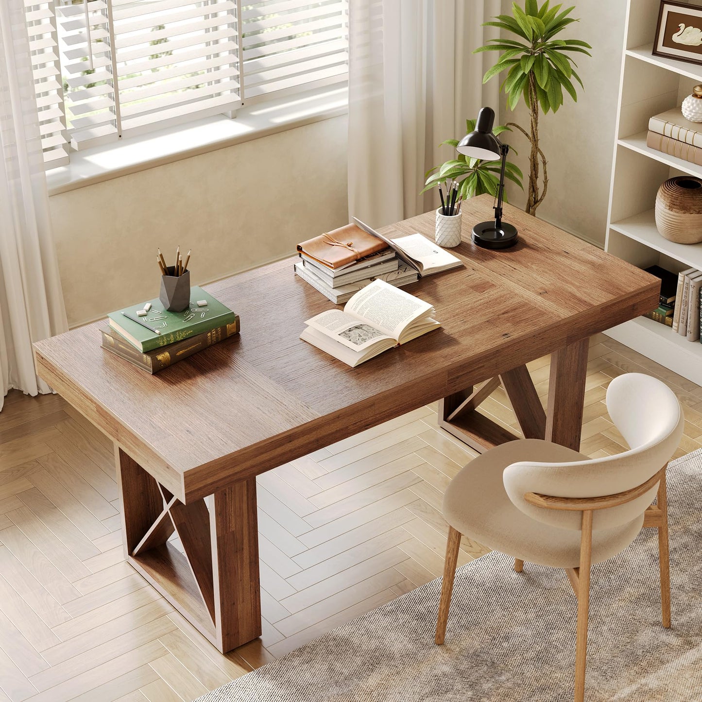 LITTLE TREE 63-Inch Computer Desk, Simple Thick Appearance, Study Gaming Writing Workstation Executive Office Desk for Home, Study Room, Office, Rustic Brown