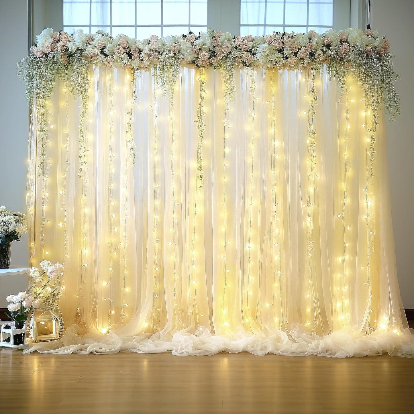 Tao-Ge 10ft 10ft x Champagne Sheer Tulle Backdrop Curtains with Lights String for Party Wedding Wrinkle Free Curtain