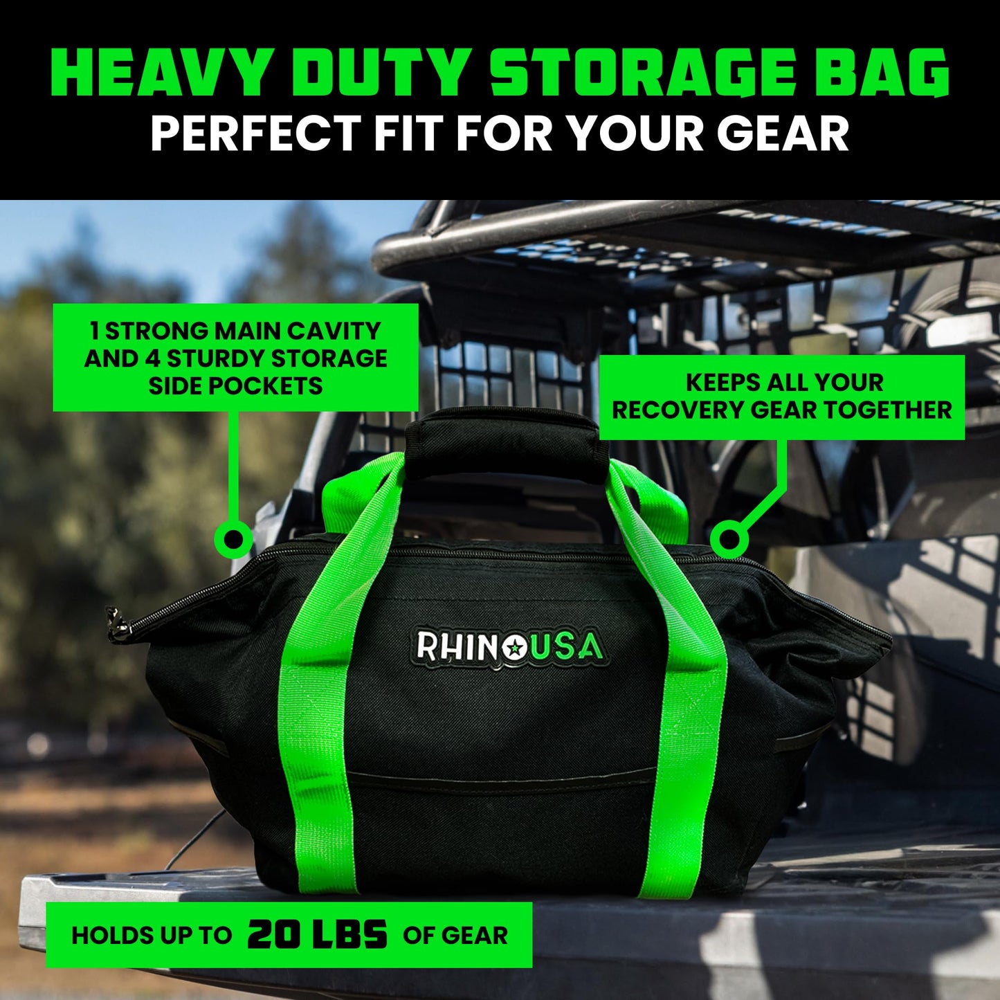 Rhino USA Heavy Duty Recovery Gear Storage Bag - Ultimate Recovery Kit Equipment Bag For Off-Road Gear and 4x4 Accessories - Fits Tow Straps, Shackles, Snatch Block, and UTV Accessories(Green)