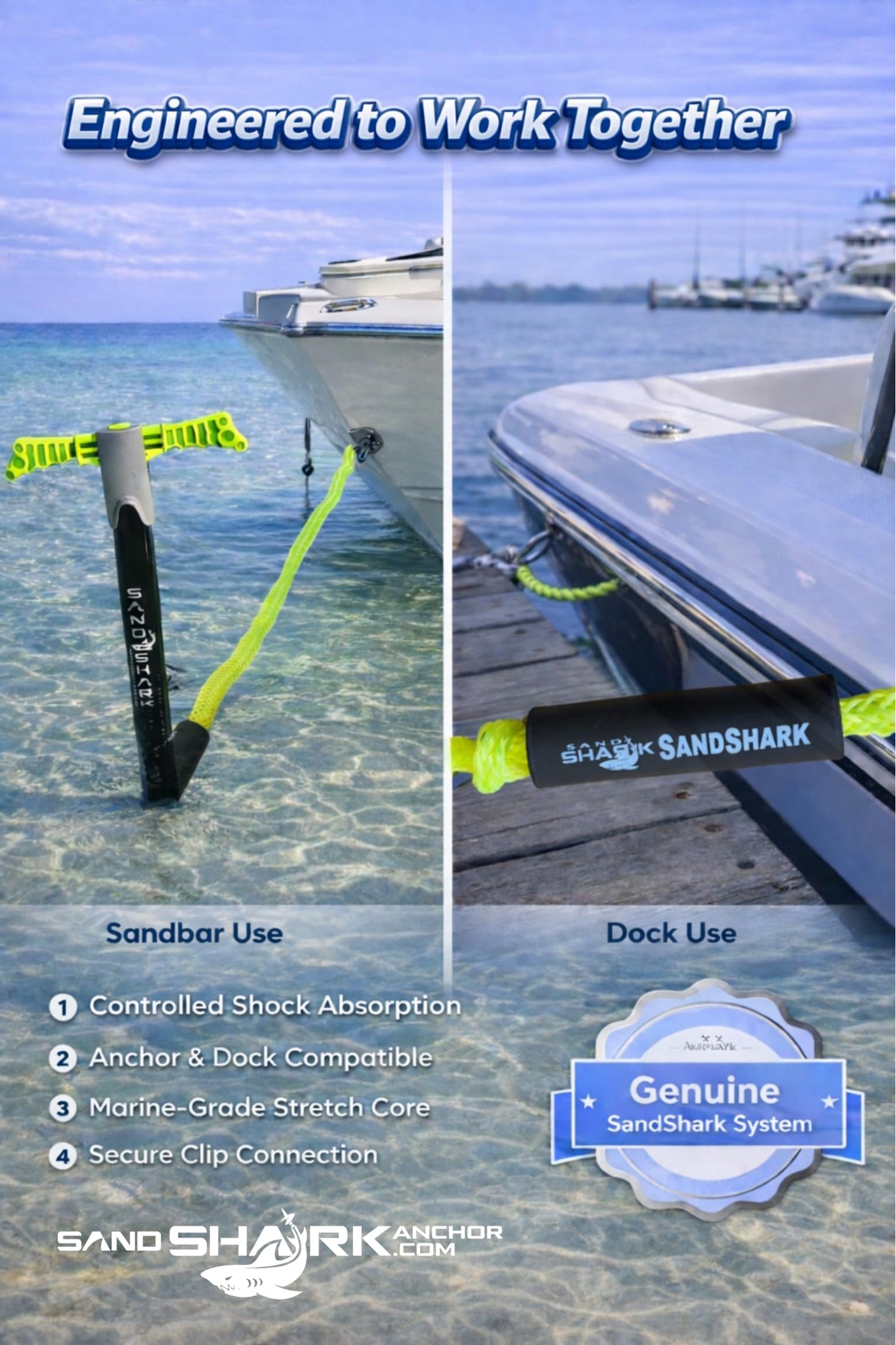 SandShark Premium Anchor Bungee Dock Line. Boat Accessories Anchor Line Absorbs Shock to Anchors and Docks w/Stainless Steel Clip - Neon Green - 7-14ft
