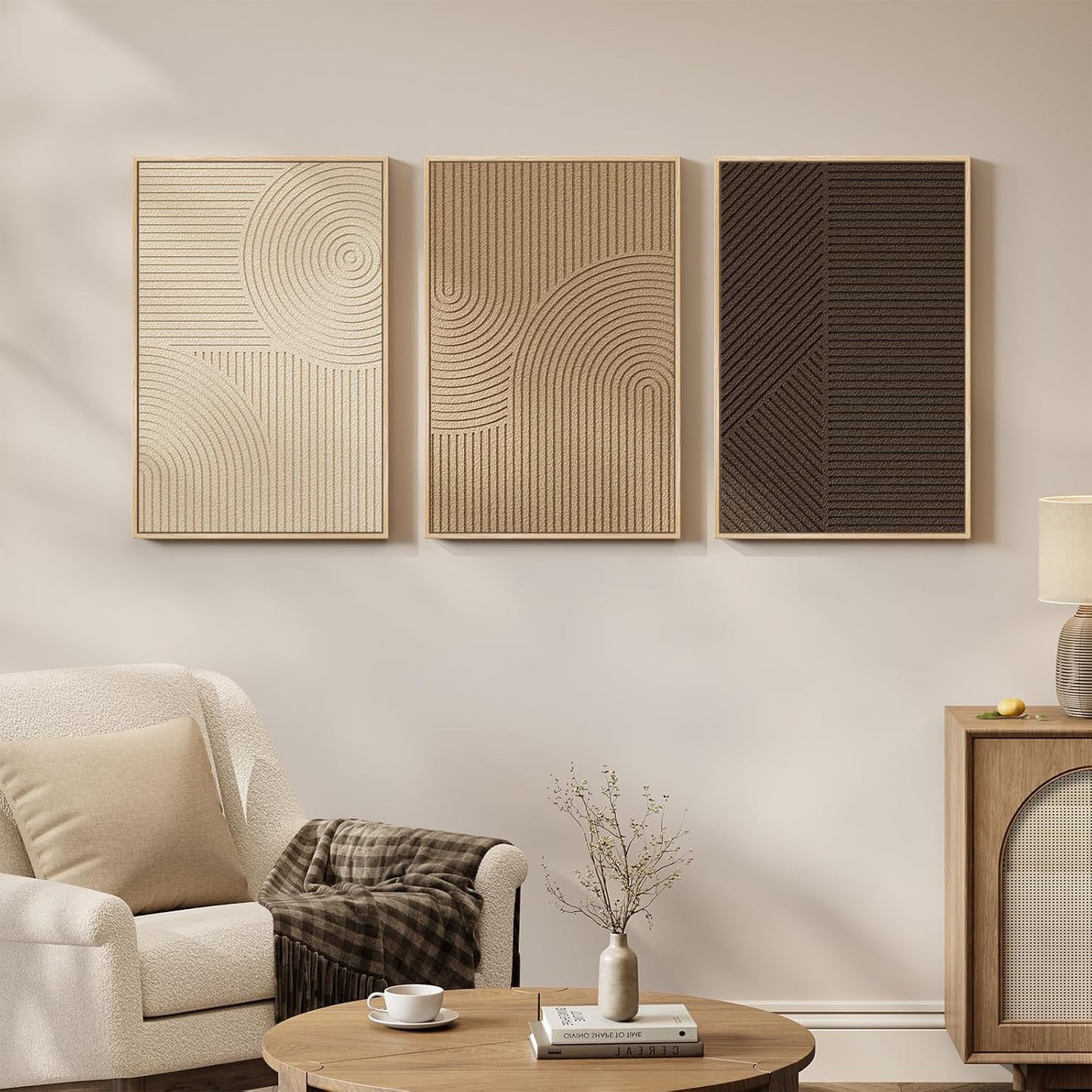 Skiennix 3D Textured Framed Boho Wall Art - Modern Minimalist Abstract Paintings | 3-Piece Set, 16x24 In