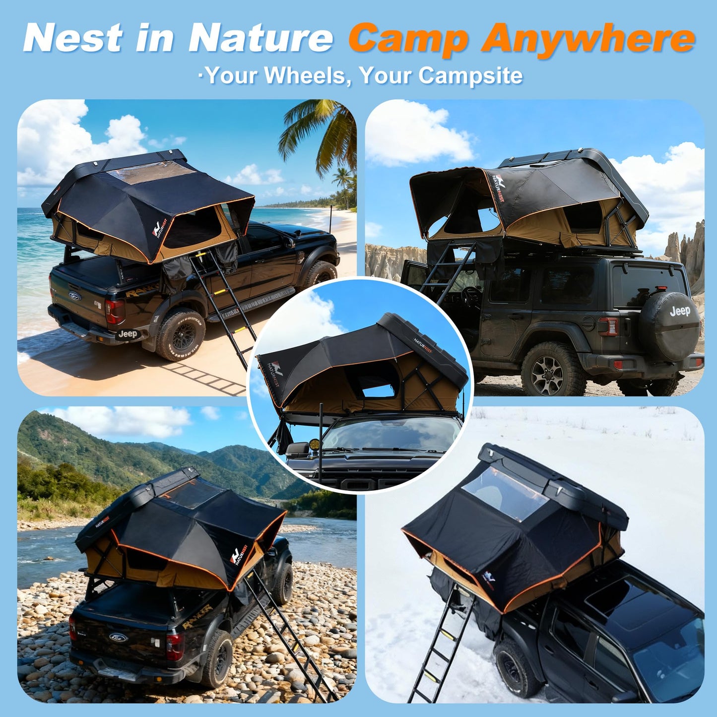 Naturnest Rooftop Tent Hard Shell, Easy Set Up Extra Large Roof Tent for 4 Person Camping Top Tents, Waterproof UV-Resistant 4 Season Tents for Truck, Jeep, SUV, Trailer - Sirius 2 XL