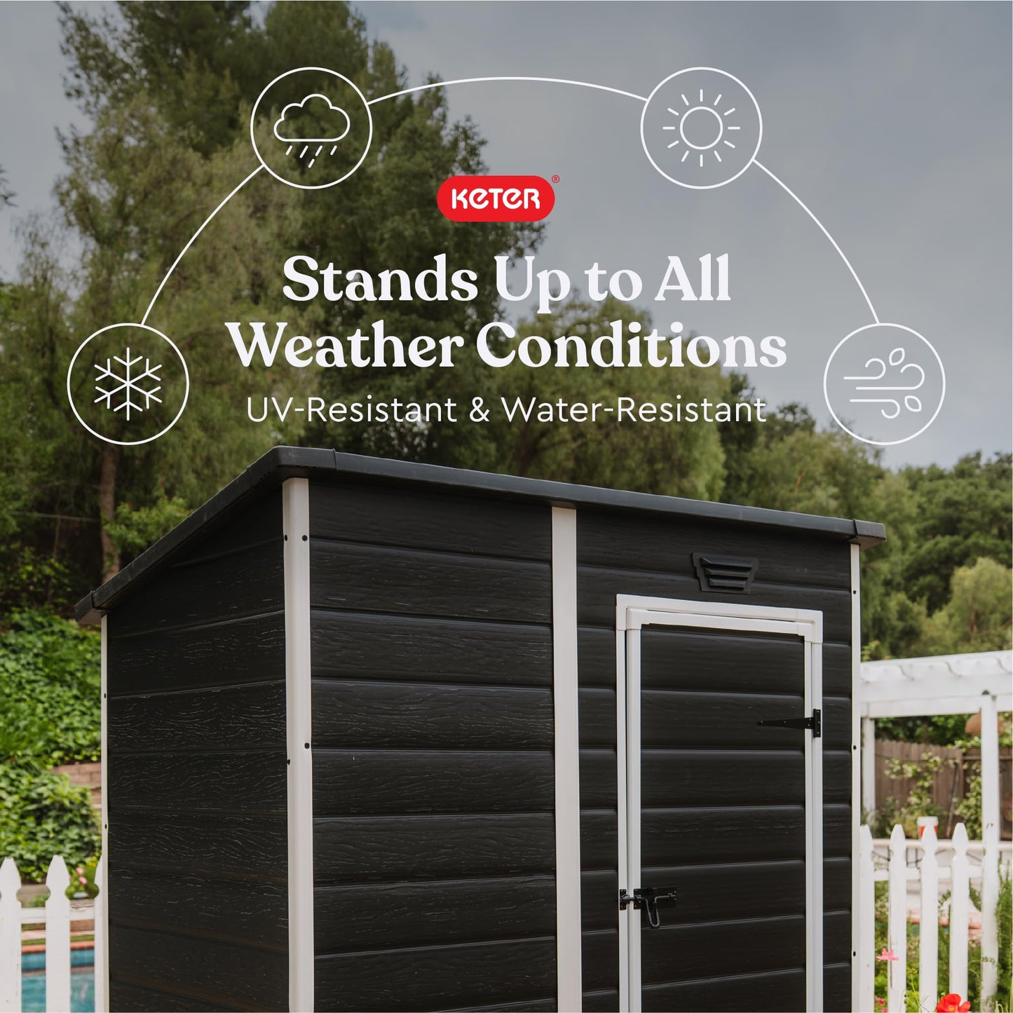 Keter Essential Shed 4x6 Resin Outdoor Storage Shed Ideal Storage for Patio Furniture, Garden Tools Bike Accessories, Beach Chairs and Lawn Mower, Black and White