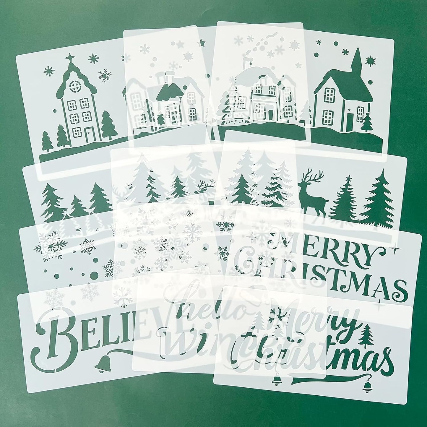 Skiennix Large Christmas Stencils - 12 Pcs Winter House, Snowflake & Pine Tree Designs for Painting on Wood & Glass