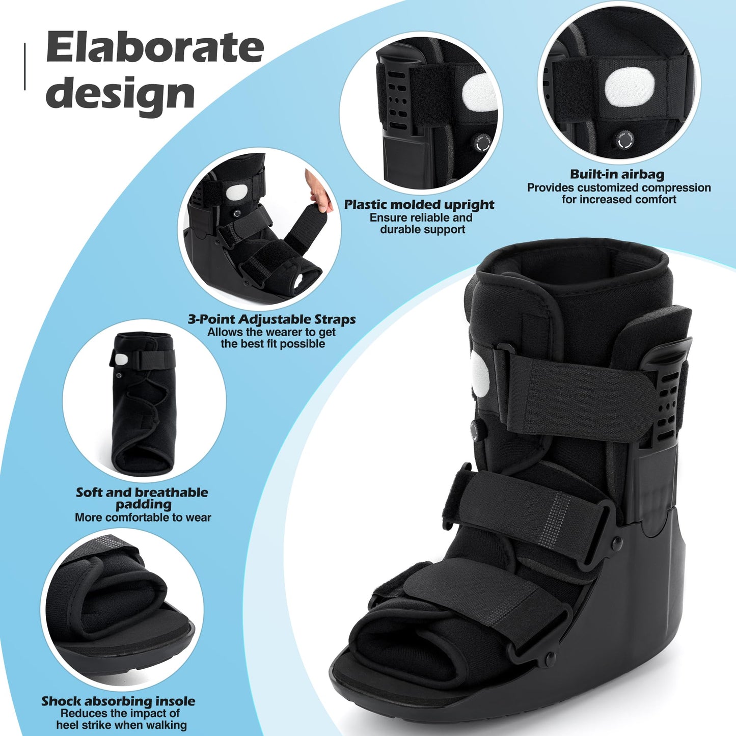 honarry Walking Boot for Broken Foot & Injuries - Lightweight Medical Boot with Anti-Slip Sole, Adjustable Straps & Rigid Support for Ankle/Foot Recovery M