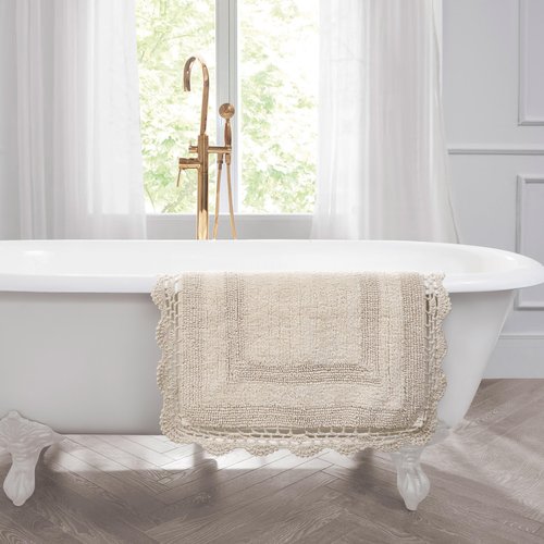 Laura Ashley Absorbent Bath Mat Reversible Crochet Soft and Plush Bathroom Mat 100% Cotton 24x40 Bath Rug, Linen