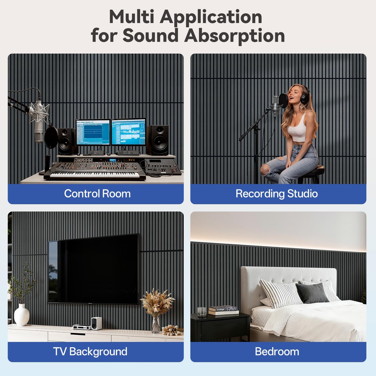 PIWA Acoustic Wall Panels 47” x 24" 4 Pack, Wood Panels for Wall Sound Dampening Slat Paneling with MDF Surface and Sound-Absorbing Core for Interior Decor, Home, Office and Gaming Room (Matte Black)