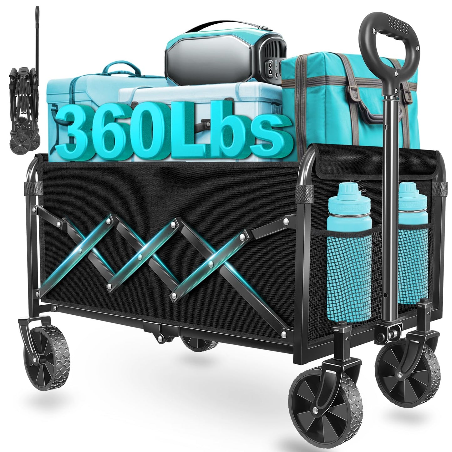 Wagons Carts Foldable, Collapsible Wagon with Wheels — Foldable Wagon for Groceries,Picnic,Beach,Camping, Small Hauls, Apartment Moving Storage, Portable Utility Folding Wagon Cart, 360lbs,Jet Black