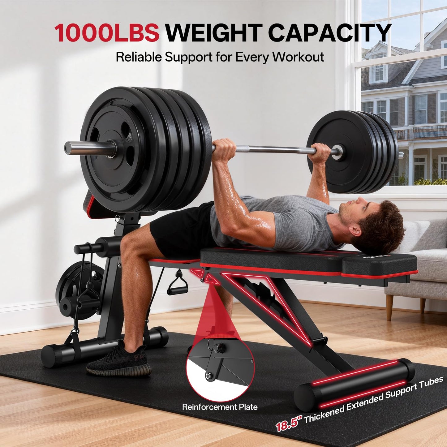 JOROTO Adjustable Weight Bench for Home Gym, 1000 LBS Foldable Incline Decline Flat Workout Bench with Leg Extension & Back Extension, Exercise Preacher Curl Bench for Full Body Training, Red MD55