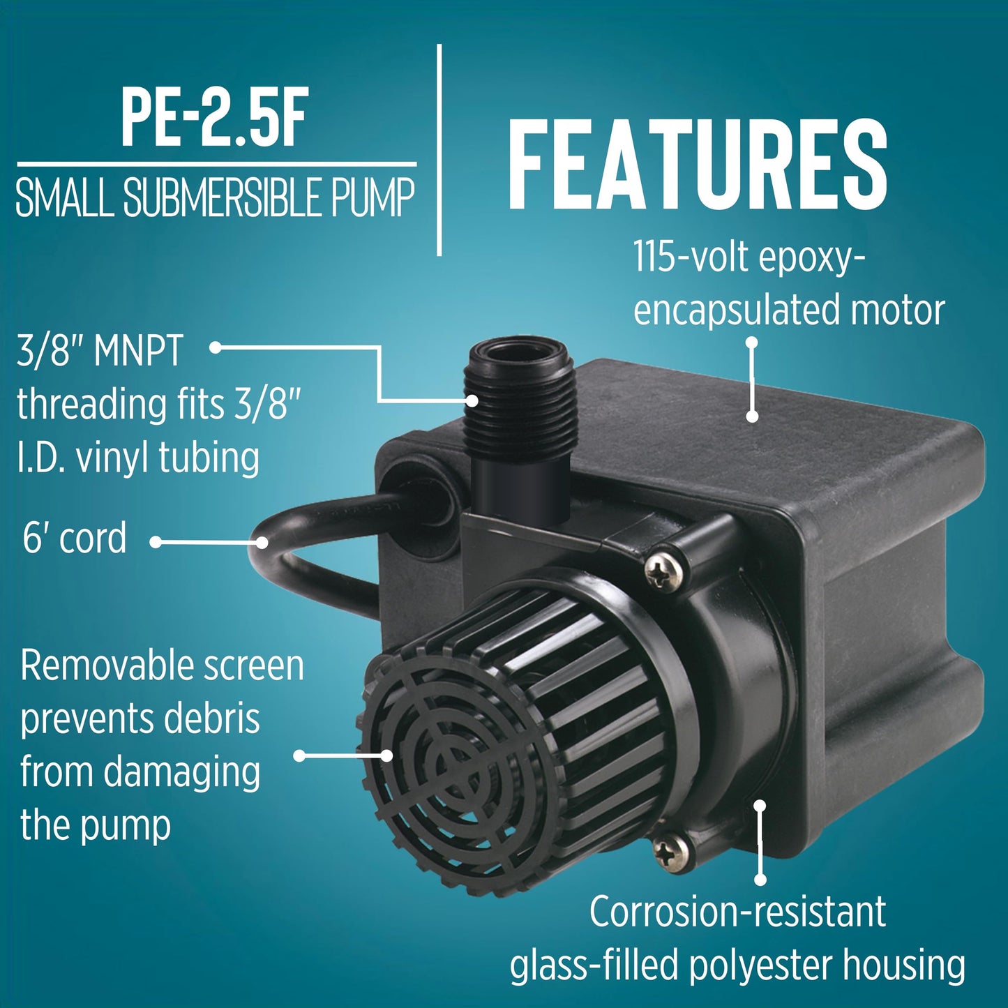 Little Giant PE-2.5F 115 Volt, 1/28 HP, 475 GPH Small Submersible Direct Drive Pump with 6-Ft. Cord, Black, 518600
