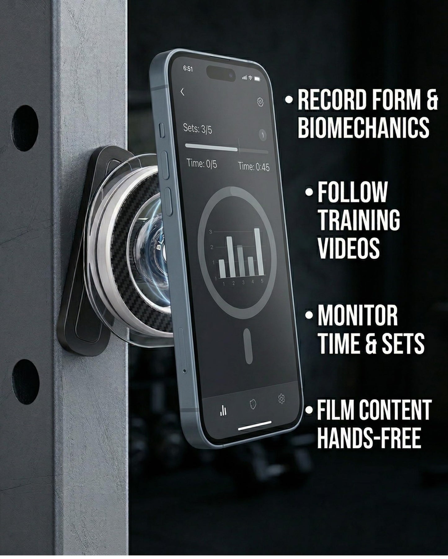 BLAUBECK Magnetic Gym Phone Holder for MagSafe & Android | Carbon Fiber Face + Transparent Acrylic Disc | Ball Joint 360° Mount for Squat Racks, Golf Carts & Metal Equipment | Metal Ring Included