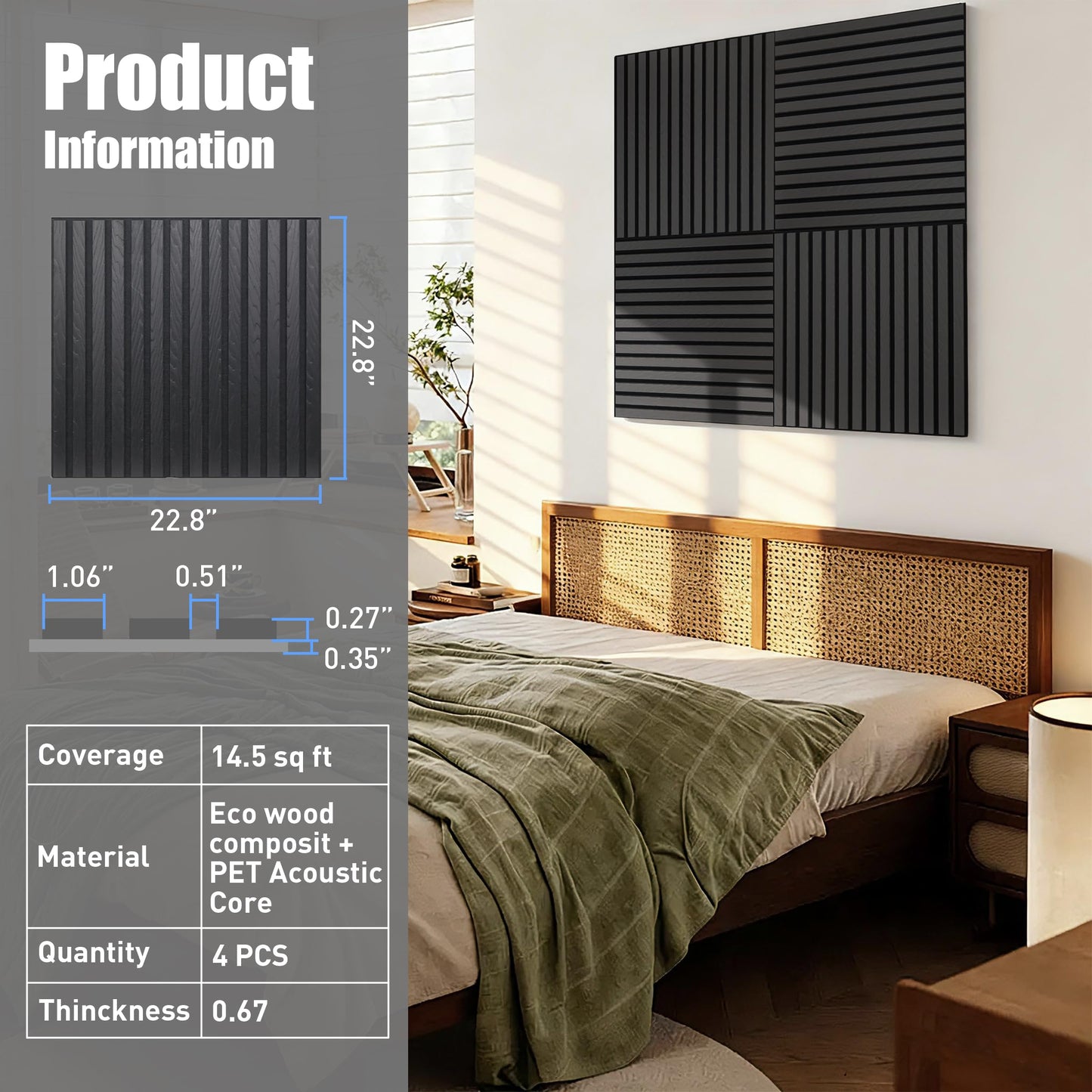 GreenClad Peel & Stick Acoustic Wood Slat Wall Panels – 23” × 23” 3D Wood-Grain Soundproof Panels, 4 Pack – Waterproof Decorative Noise-Reducing Wall Panels for Home Office & Studio (Ebony Black)