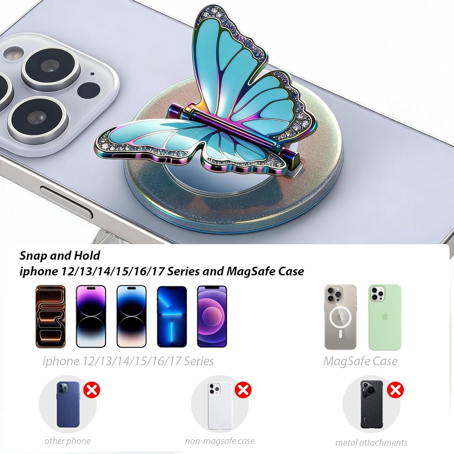 BANGMANG [2026 17 16 15 14 13 12, All-New] for MagSafe Butterfly Phone Grip, Magnetic Butterfly Phone Ring Holder