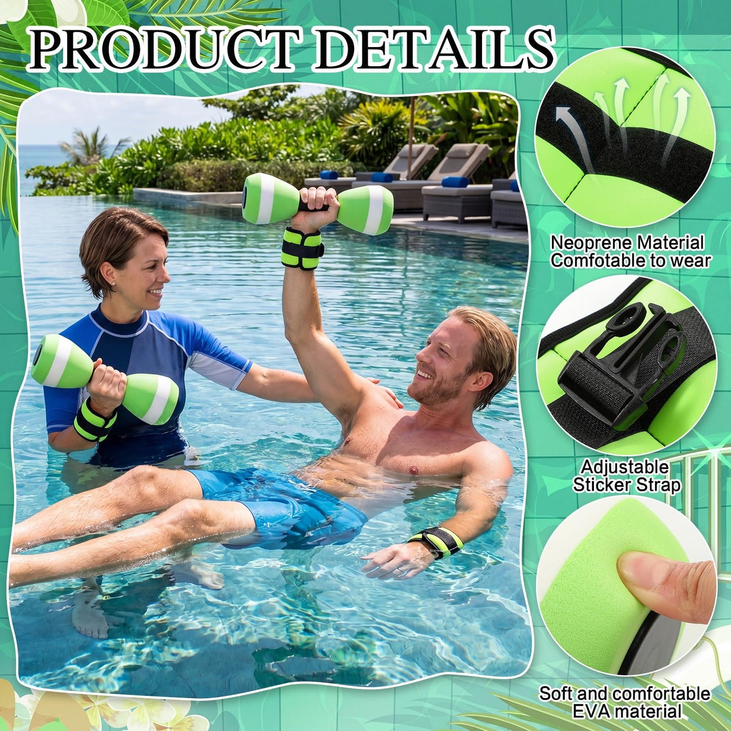 Teyva Daily 7 Pcs Aquatic Exercise Set Water Aerobics Set Including 2 Ankle/Wrist Weights for Land or Water 2 Exercise Foam Dumbbells Cuffs Large Mesh Beach Bag for Pool Weight Loss (Green)