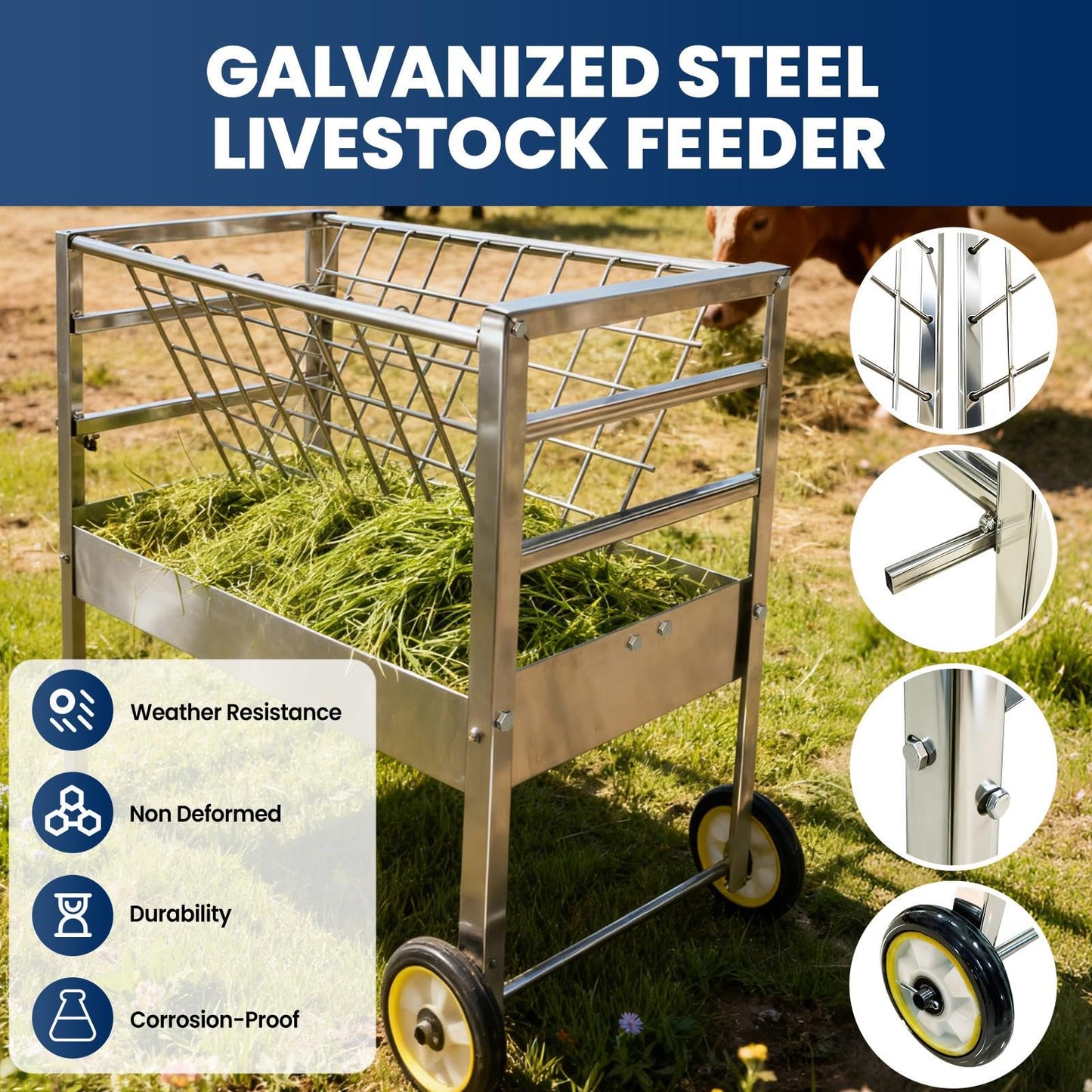 Goat Hay Feeder with Wheels, Goat Feeder 2‑in‑1 Galvanized Steel Heavy‑Duty Design, Large Capacity Rust‑Proof Livestock Feeder, Easy to Clean Mobile Cart for Goats, Sheep, Horses & Ponies