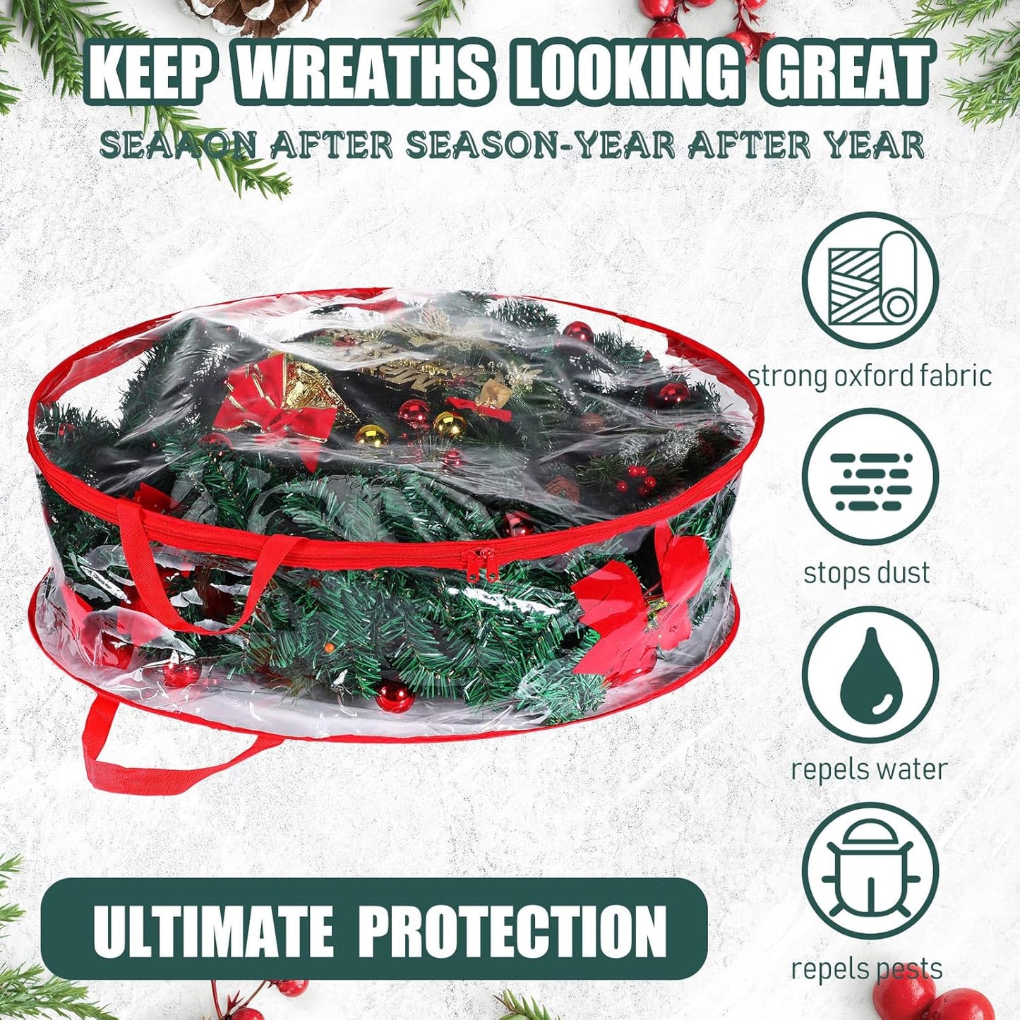 Shappy Christmas Wreath Storage Bag - 24-Inch Clear Container with Dual Zippers & Reinforced Handles | Red