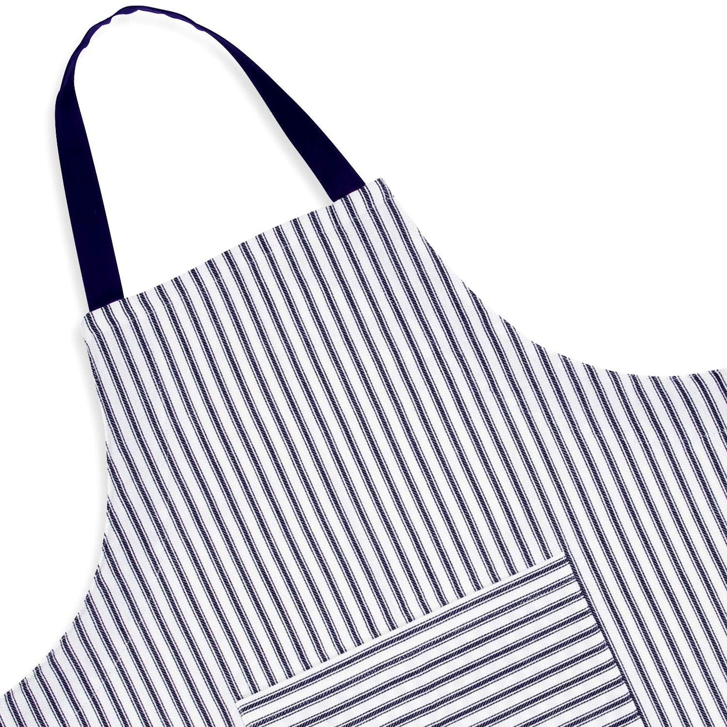 Cackleberry Home Navy Blue and White Ticking Stripe Woven Cotton Bib Apron Pocket Adjustable Strap