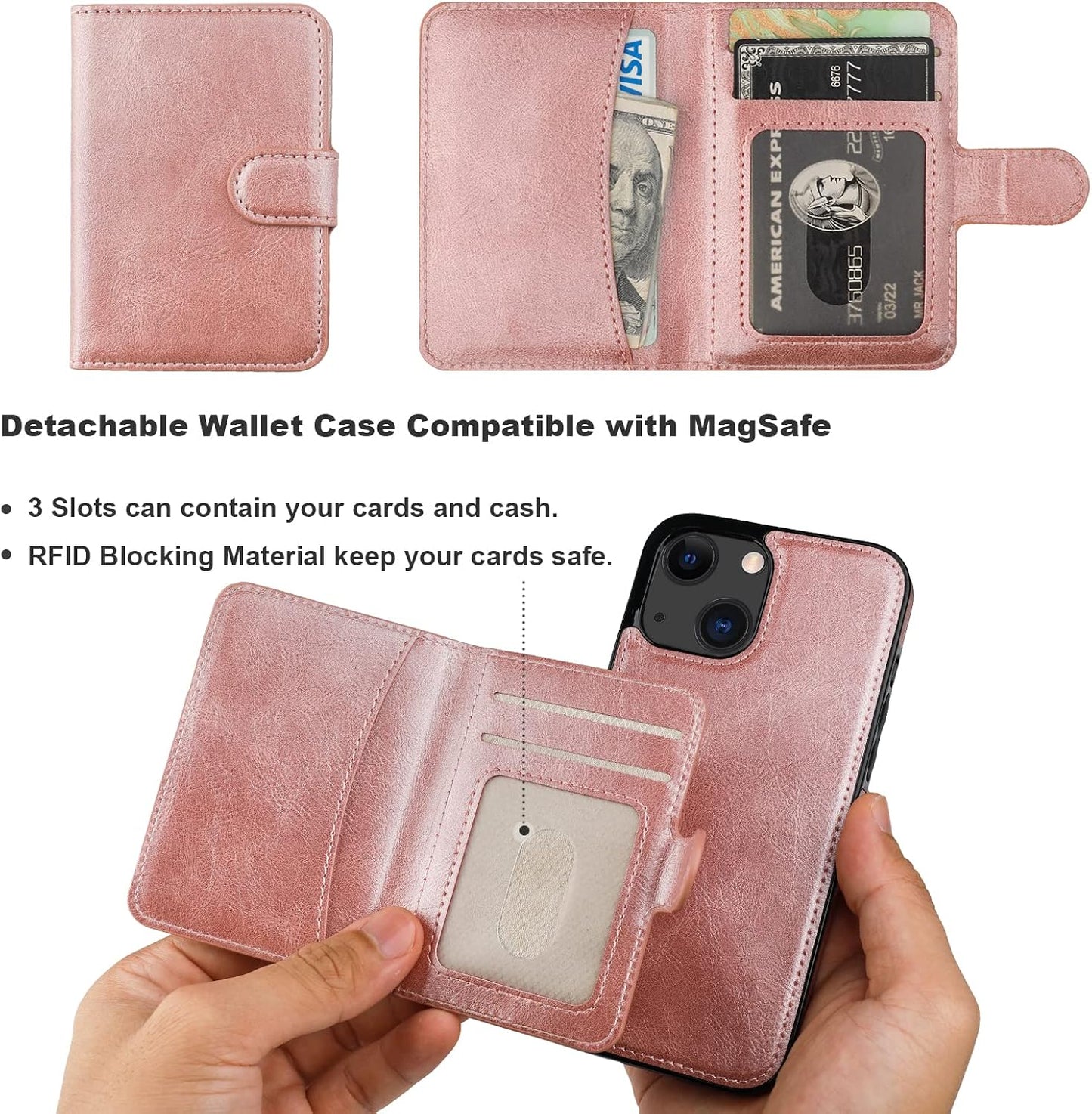 Bocasal 13 6.1 Inch Wallet Case for iPhone Compatible with MagSafe Magnetic RFID Blocking Detachable Premium PU Leather