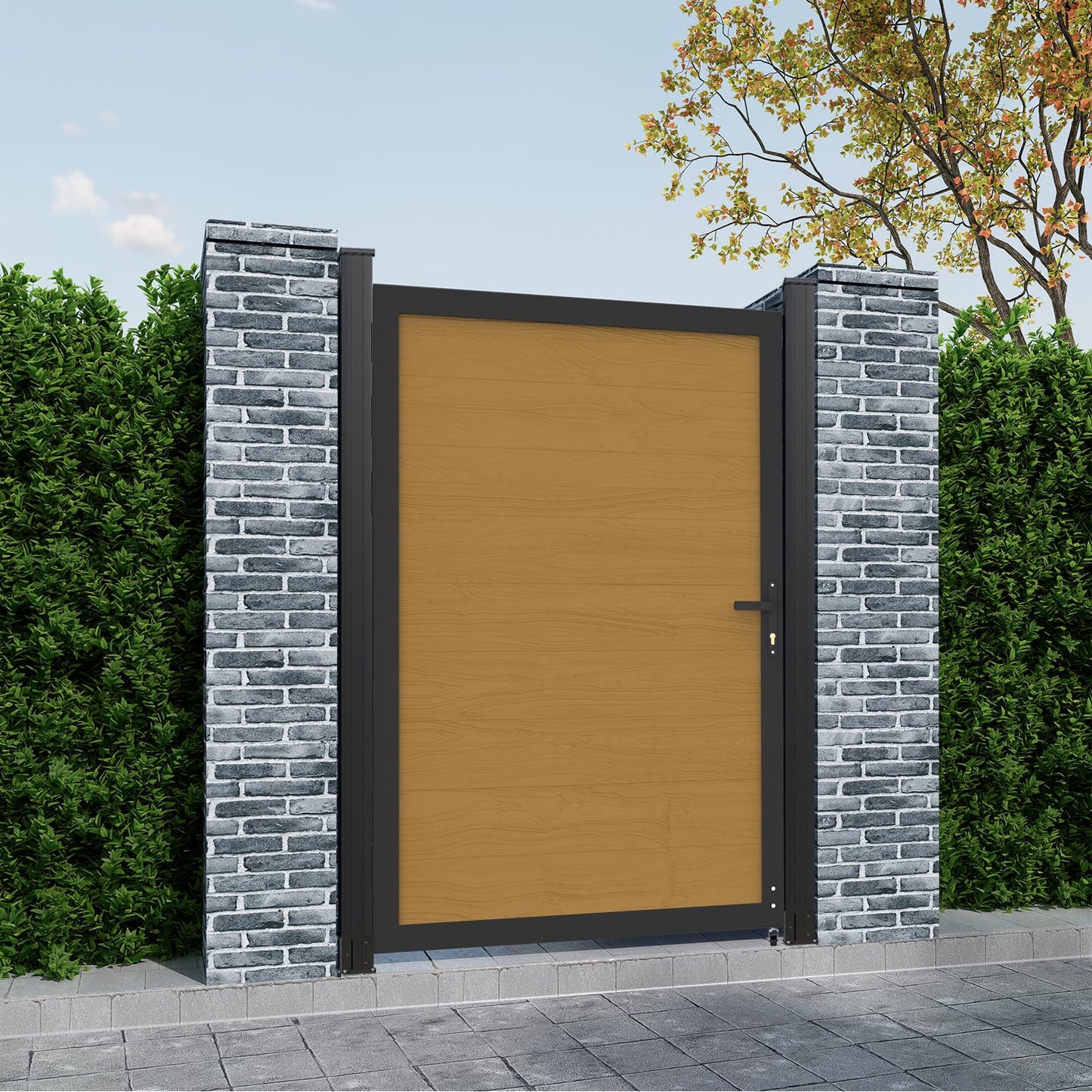 Mondaria Wood Plastic Composite Gate for Privacy Fence 6ft(H)*4ft(W), Fence Gate with Metal Frame and Knob Kits, Yellow Teak (Without Post)