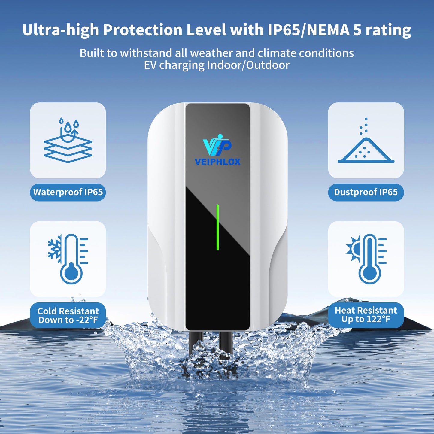 VEIPHLOX Level 2 EV Charger 40A (9.6kW), 240V J1772 Charging Station with NEMA 14-50P Just Plug & Charge (No App Needed). Zero Light Pollution: LED Remains Off in Standby (Auto-On During Charge)
