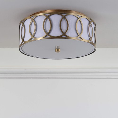 JONATHAN Y 12.25" Brass Gold 2-Light Modern Metal LED Flush Mount Ceiling Light for Bedroom Hallway, White Linen Drum Shade with Geometric Fretwork, LED Bulbs Included JYL3502A