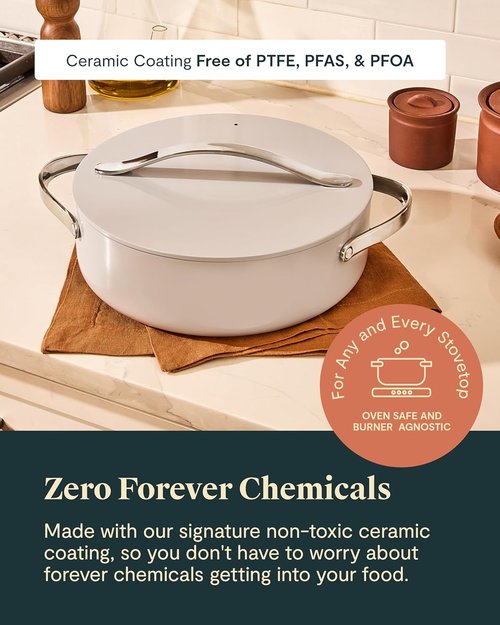 Caraway Rondeau - 6 Qt Non-Stick Pan with Lid - Chemical-Free for Searing & Roasting - Cream Color